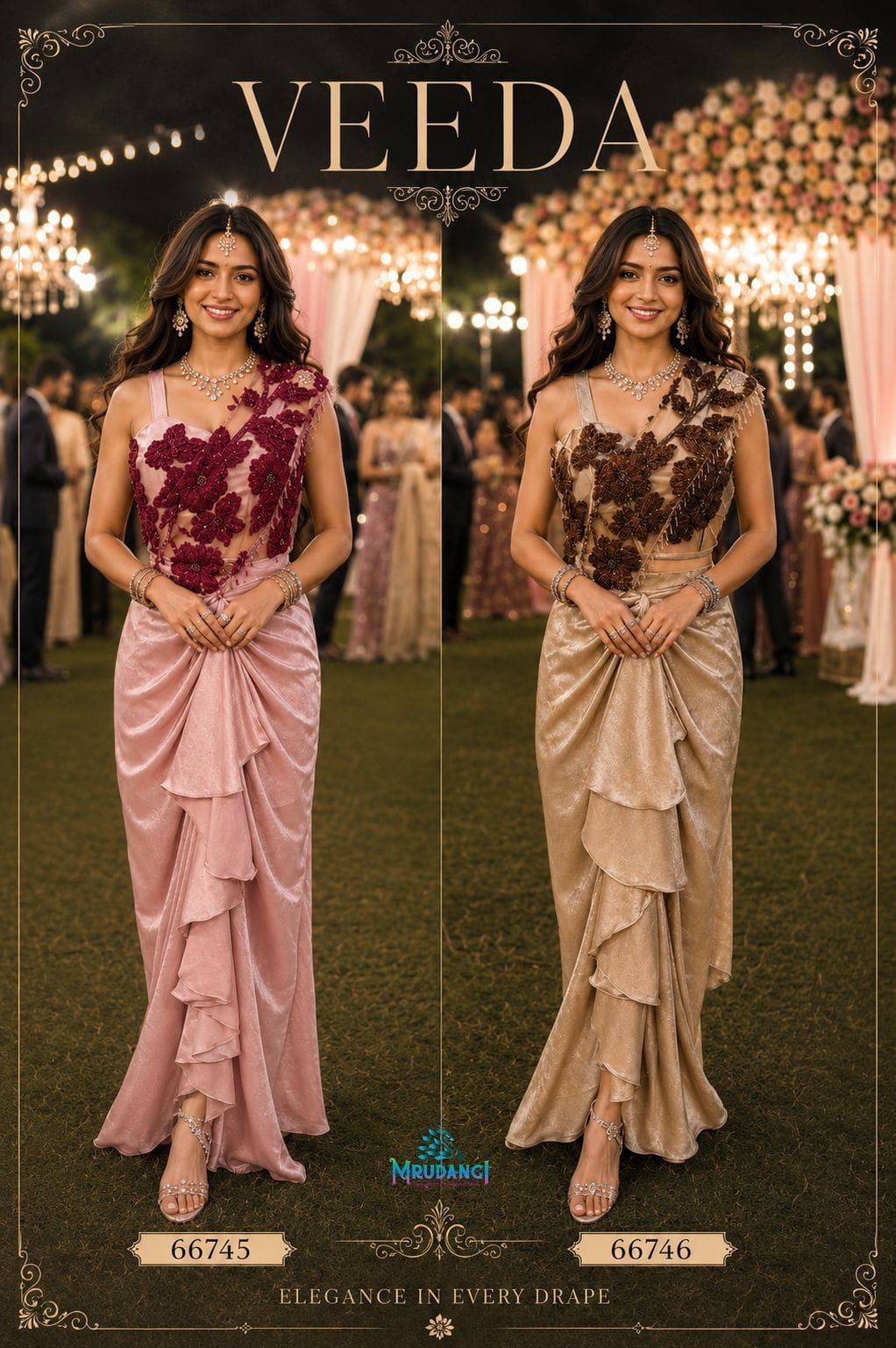 VEEDA By MRUDANGI 66745 TO 66746 Indian Traditional Wear Collection Fancy REAL PREMIUM SATIN Stitched Sarees At Wholesale Price